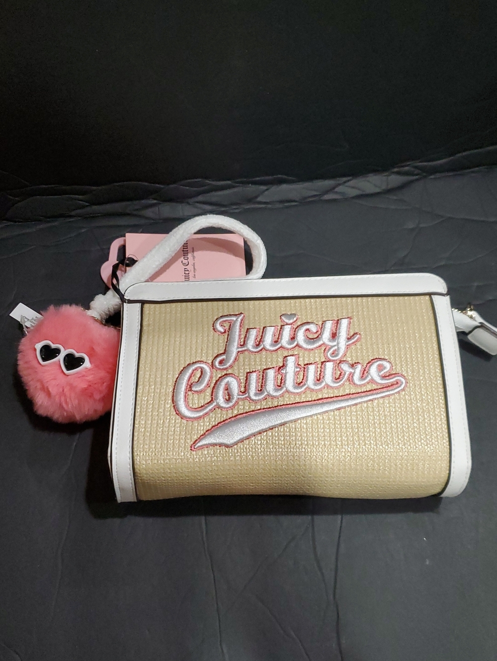 Juicy Couture‎ free to be juicy 2 natural raffia white trim camera style clutch